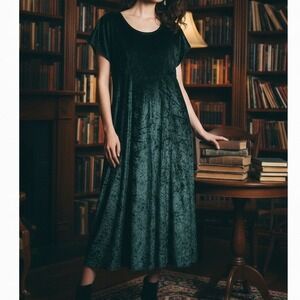Vintage Crushed Velvet Midi Dress Medium Emerald Forest Green Y2K 90s Whimsigoth
